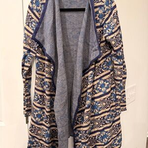 Lucky Brand Blue & Cream Open-Front Patterned Cardigan
